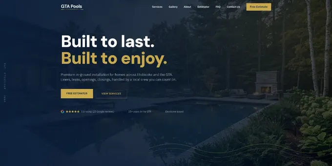 GTA Pools website screenshot